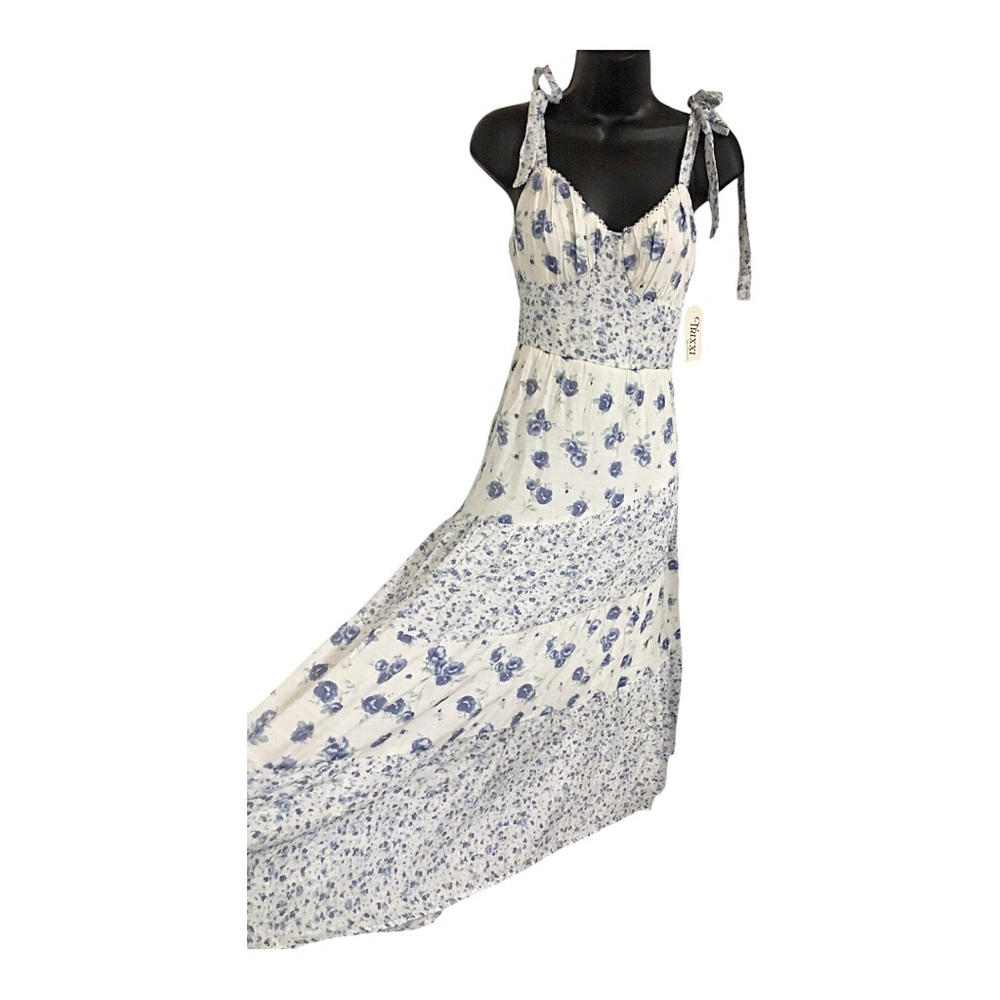 Trixxi white blue‎ cottage garden floral tiered midi v-neck dress size Large new